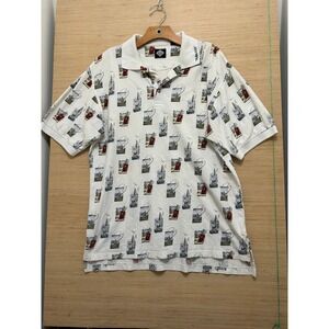 Tabasco Sports Wear Polo‎ Shirt Mens Large White All Over Print Fishing Nautical